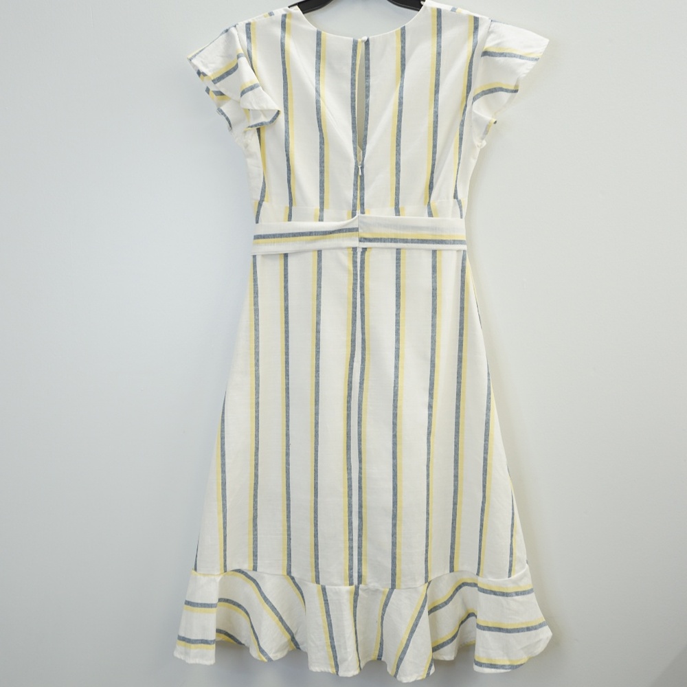 J.O.A. Striped Ruffle Flutter Trim Faux Wrap Dress - Picture 2 of 6